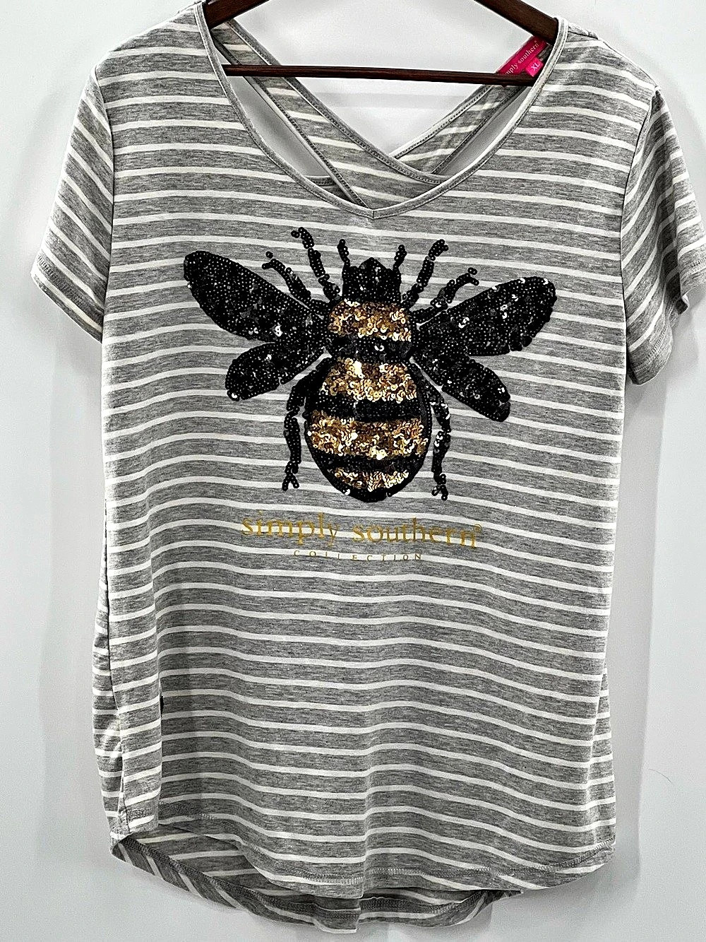 598 Simply Southern Gray and White Stripe Bee Sequin Top Gray & White XL